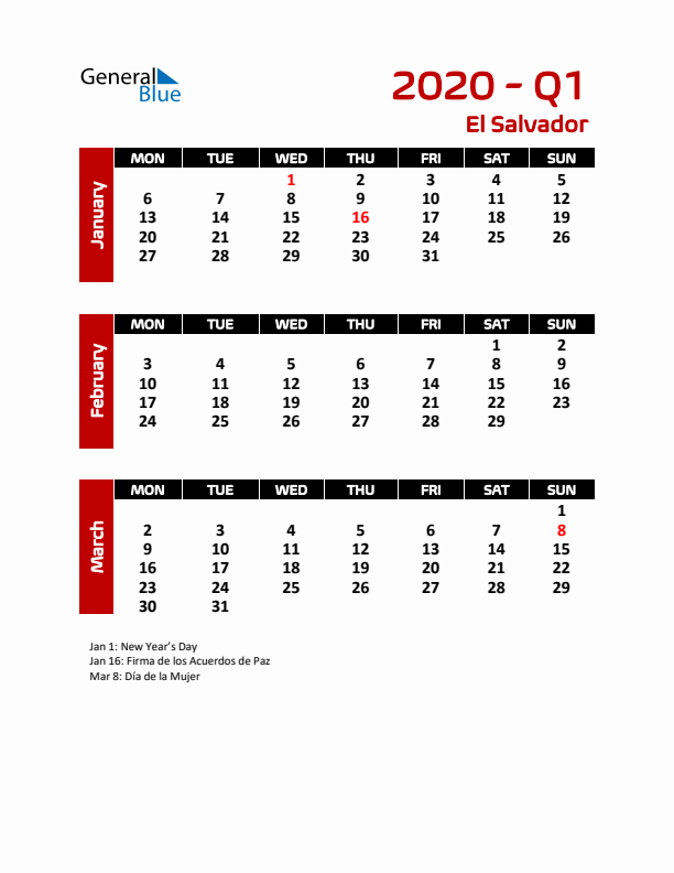 Q1 2020 Calendar with Holidays in El Salvador