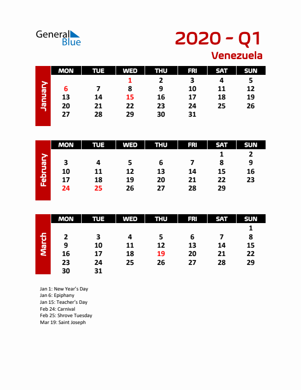 Q1 2020 Calendar with Holidays in Venezuela