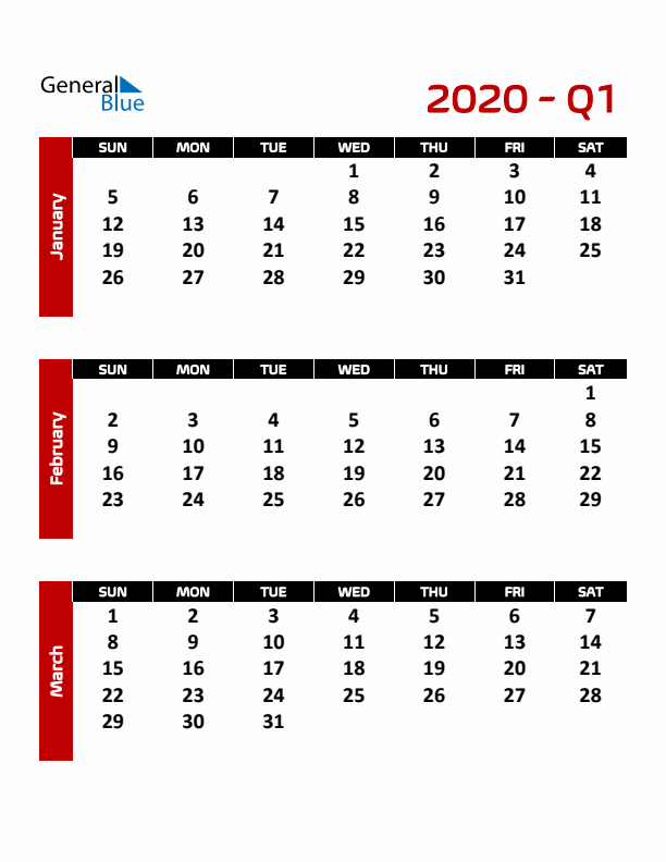 Editable Quarterly Calendar (Sunday Start)