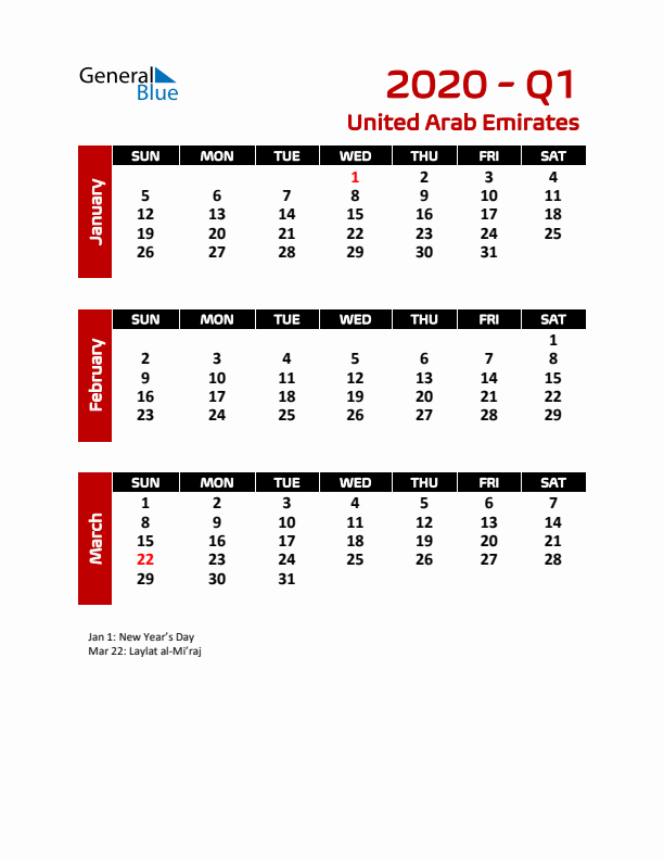 Q1 2020 Calendar with Holidays in United Arab Emirates