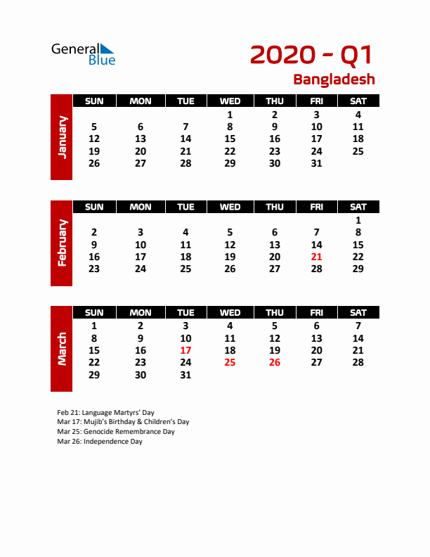 Q1 2020 Calendar with Holidays in Bangladesh