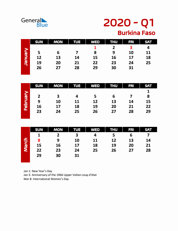 Q1 2020 Calendar with Holidays in Burkina Faso