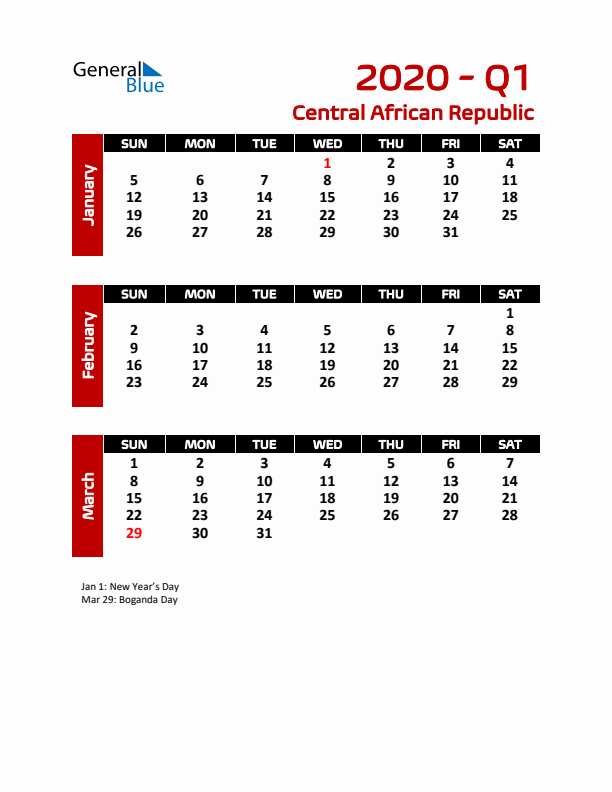 Q1 2020 Calendar with Holidays in Central African Republic