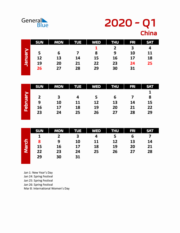 Q1 2020 Calendar with Holidays in China