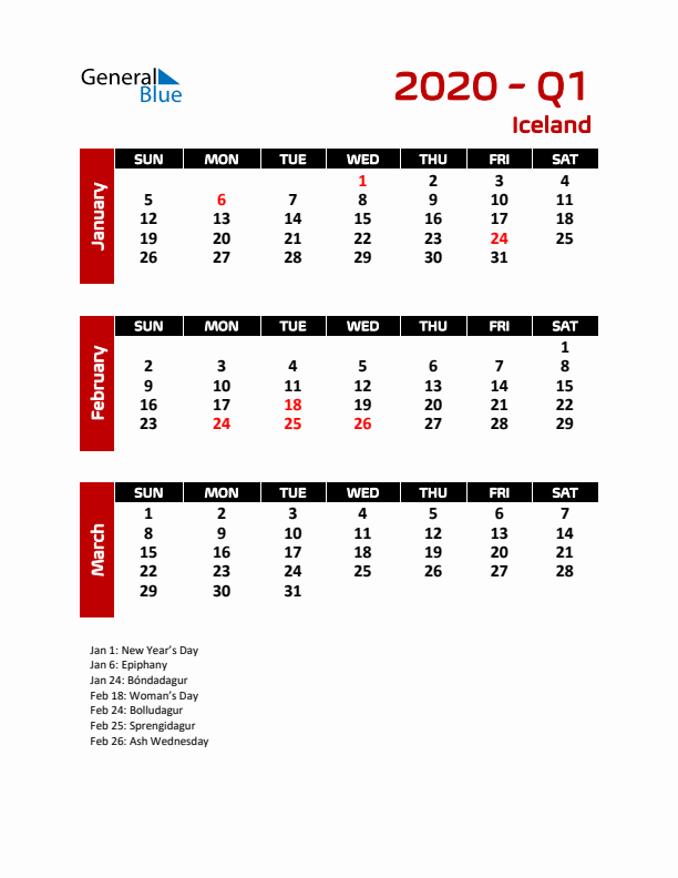 Q1 2020 Calendar with Holidays in Iceland