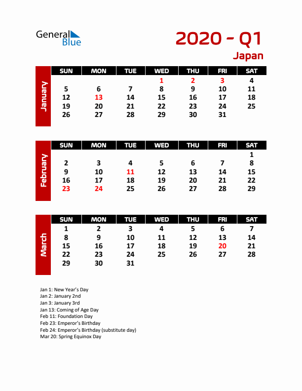 Q1 2020 Calendar with Holidays in Japan