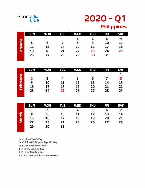 Q1 2020 Calendar with Holidays in Philippines