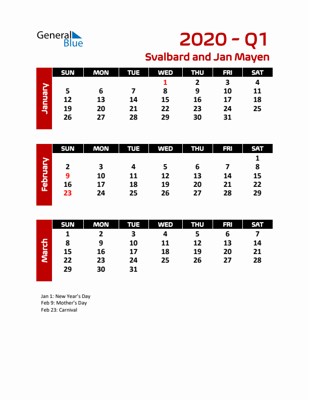 Q1 2020 Calendar with Holidays in Svalbard and Jan Mayen