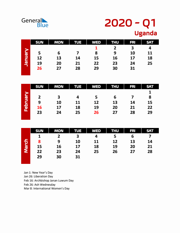 Q1 2020 Calendar with Holidays in Uganda