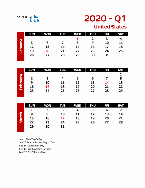 Q1 2020 Calendar with Holidays in United States