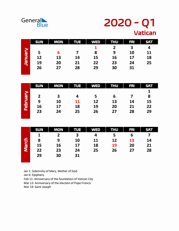 Q1 2020 Calendar with Holidays in Vatican