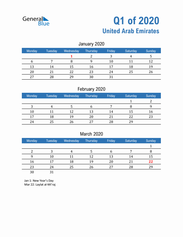 United Arab Emirates Q1 2020 Quarterly Calendar with Monday Start