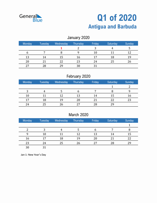 Antigua and Barbuda Q1 2020 Quarterly Calendar with Monday Start