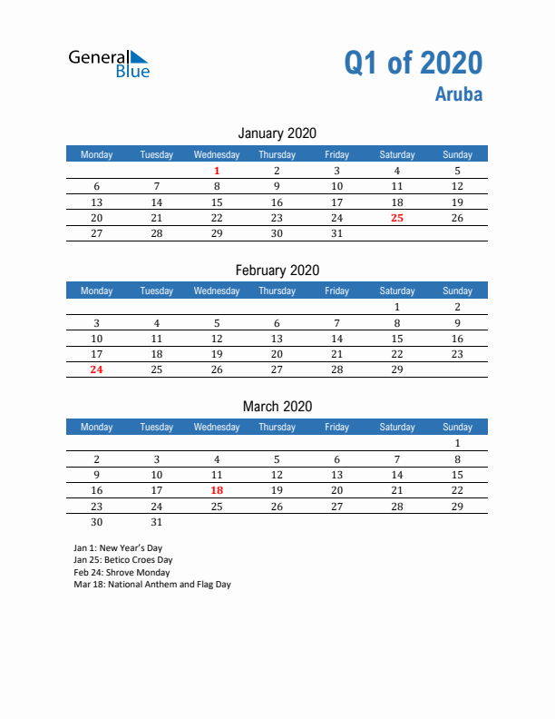 Aruba Q1 2020 Quarterly Calendar with Monday Start