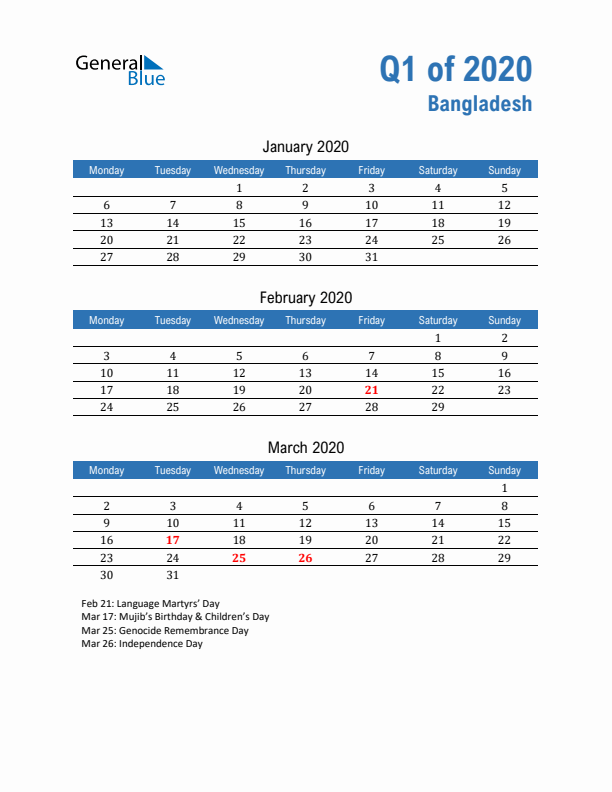 Bangladesh Q1 2020 Quarterly Calendar with Monday Start