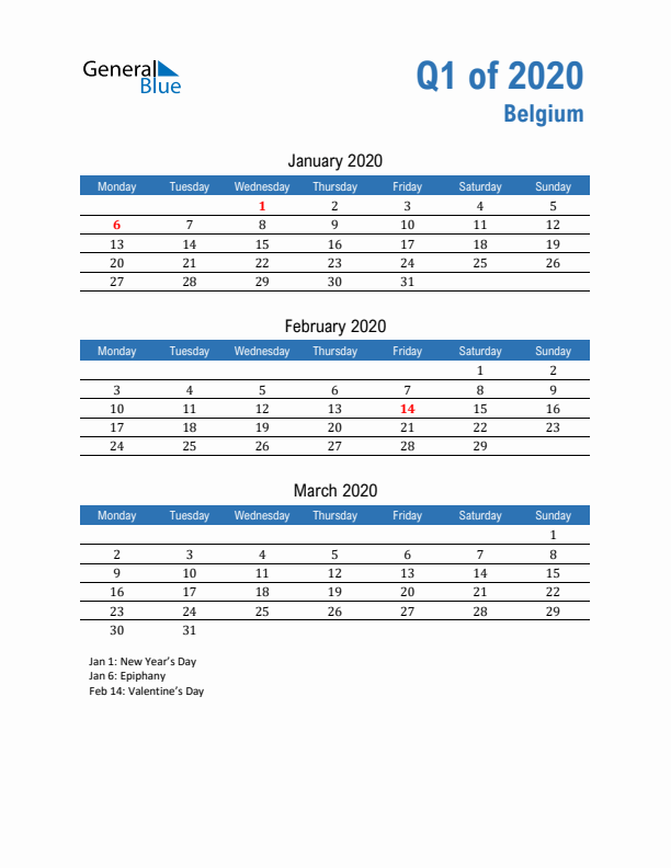 Belgium Q1 2020 Quarterly Calendar with Monday Start