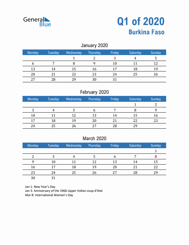 Burkina Faso Q1 2020 Quarterly Calendar with Monday Start