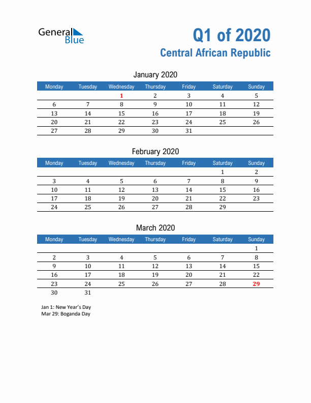 Central African Republic Q1 2020 Quarterly Calendar with Monday Start