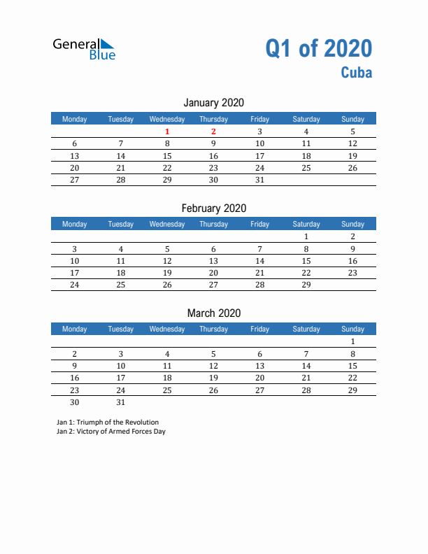 Cuba Q1 2020 Quarterly Calendar with Monday Start