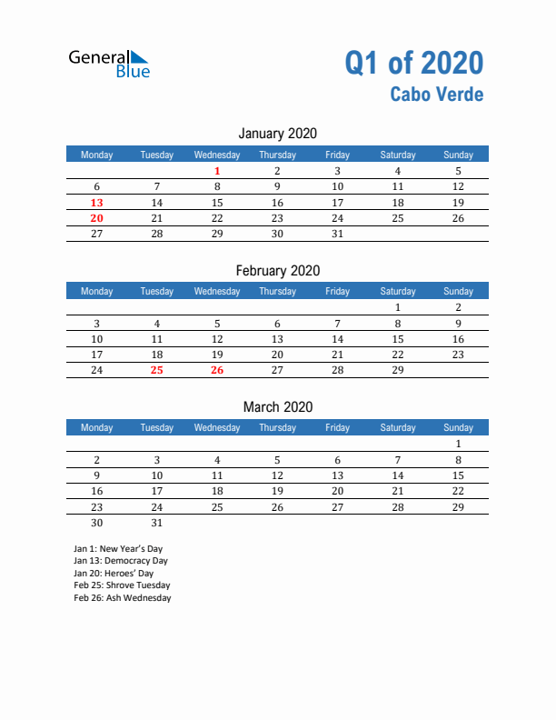 Cabo Verde Q1 2020 Quarterly Calendar with Monday Start