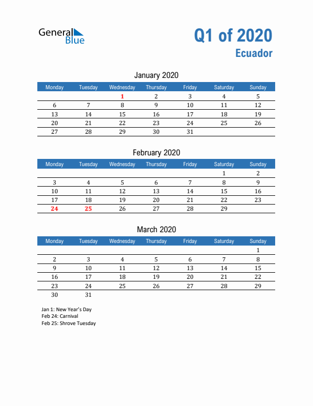 Ecuador Q1 2020 Quarterly Calendar with Monday Start