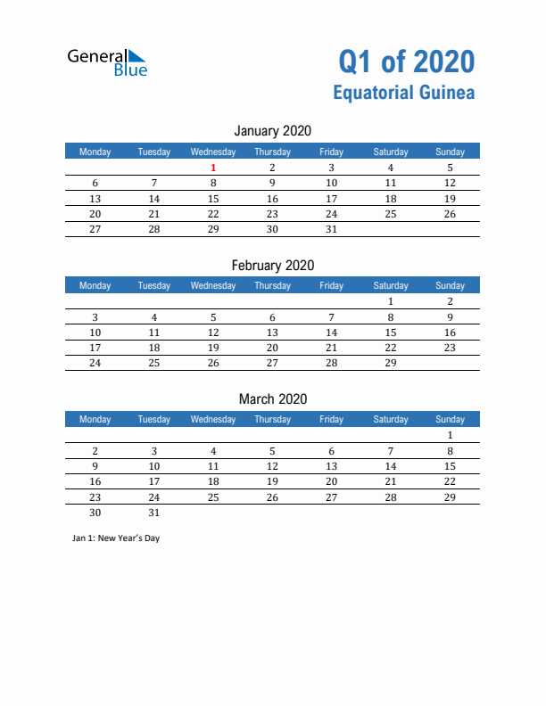 Equatorial Guinea Q1 2020 Quarterly Calendar with Monday Start