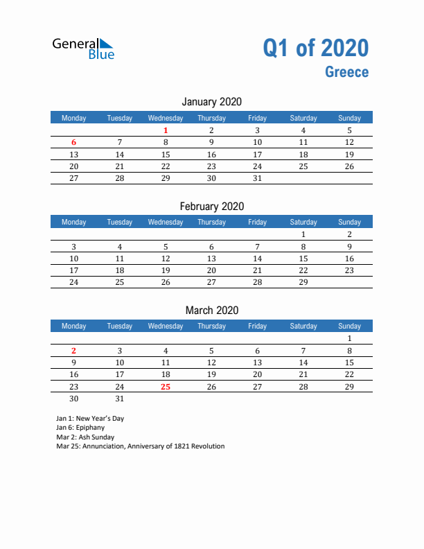 Greece Q1 2020 Quarterly Calendar with Monday Start