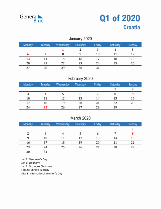 Croatia Q1 2020 Quarterly Calendar with Monday Start