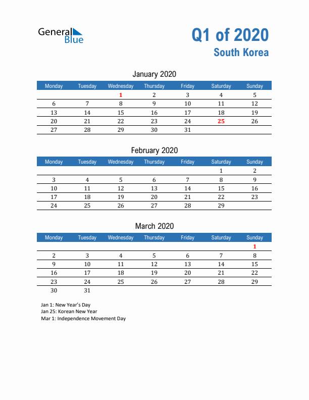 South Korea Q1 2020 Quarterly Calendar with Monday Start