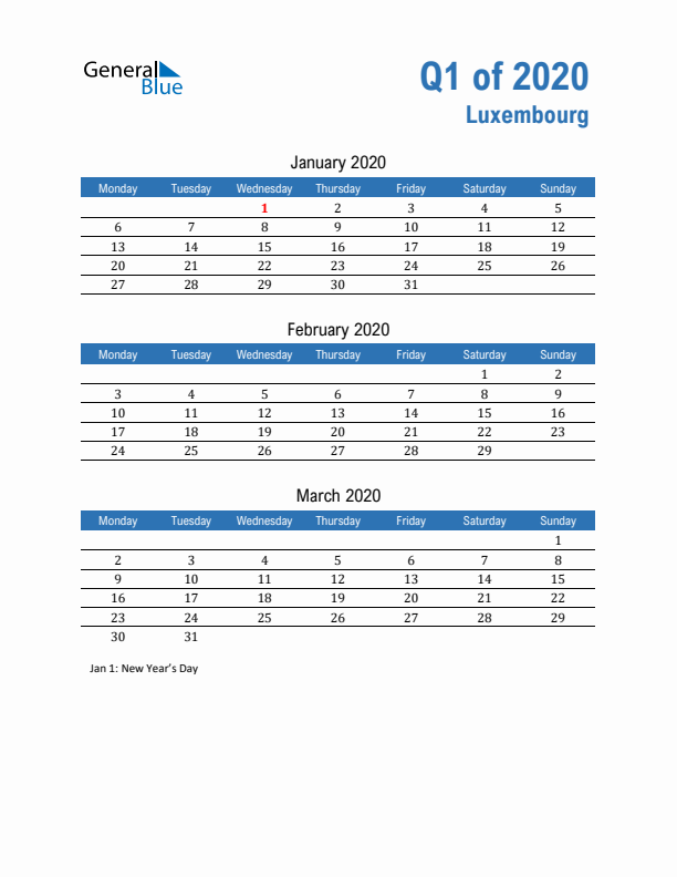 Luxembourg Q1 2020 Quarterly Calendar with Monday Start