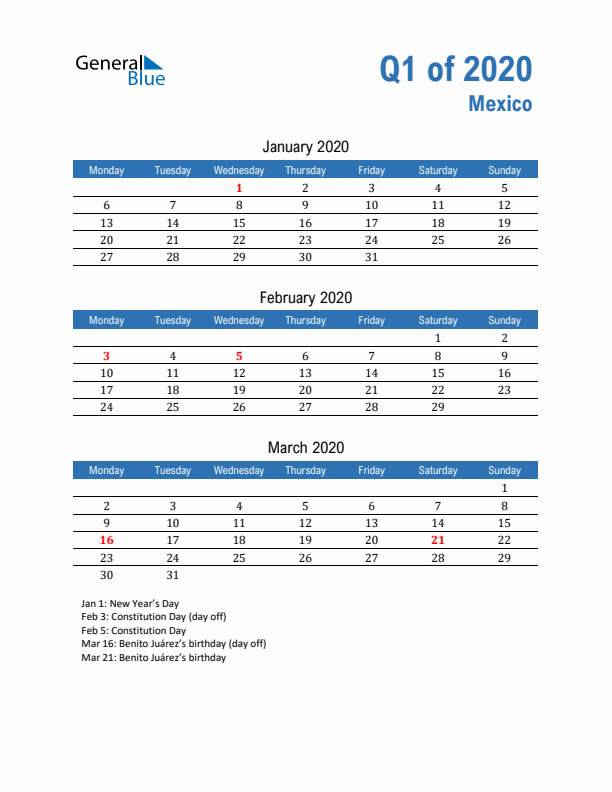 Mexico Q1 2020 Quarterly Calendar with Monday Start