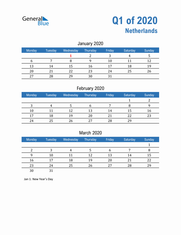 The Netherlands Q1 2020 Quarterly Calendar with Monday Start