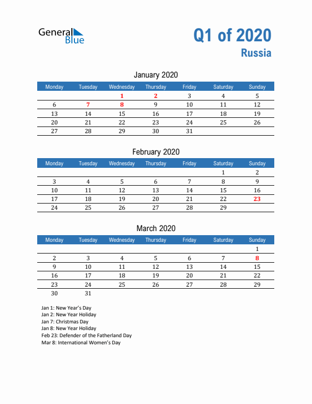 Russia Q1 2020 Quarterly Calendar with Monday Start