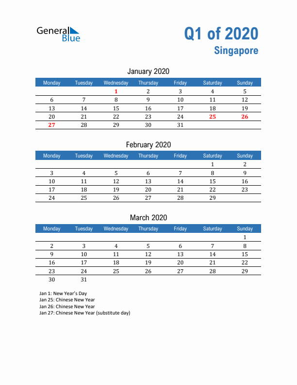 Singapore Q1 2020 Quarterly Calendar with Monday Start