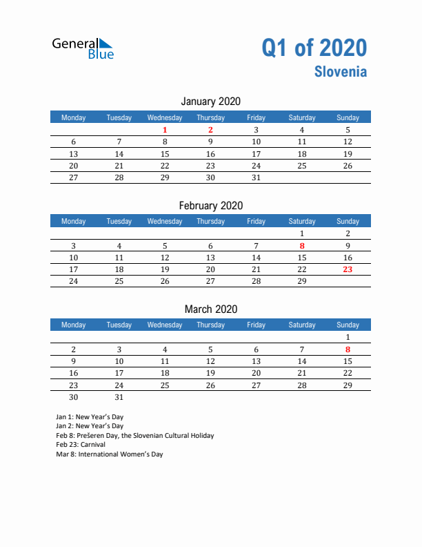 Slovenia Q1 2020 Quarterly Calendar with Monday Start