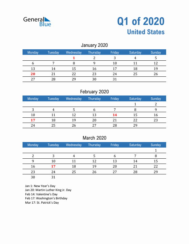 United States Q1 2020 Quarterly Calendar with Monday Start