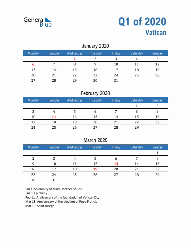 Vatican Q1 2020 Quarterly Calendar with Monday Start