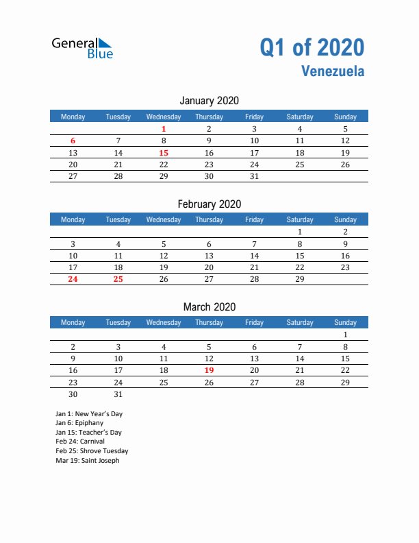 Venezuela Q1 2020 Quarterly Calendar with Monday Start