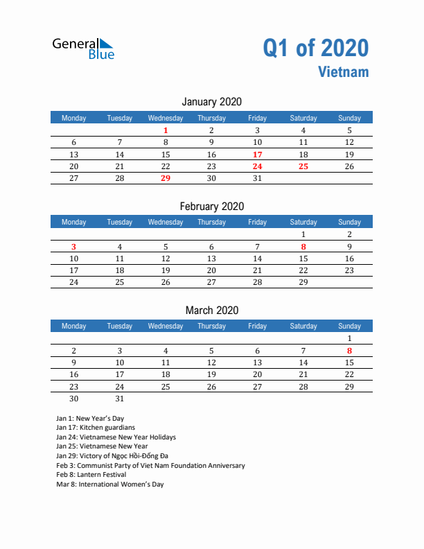 Vietnam Q1 2020 Quarterly Calendar with Monday Start