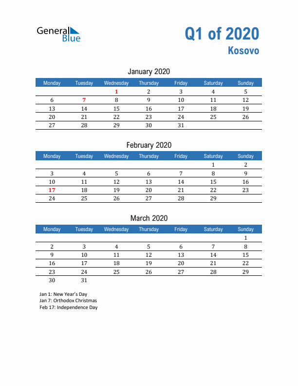 Kosovo Q1 2020 Quarterly Calendar with Monday Start