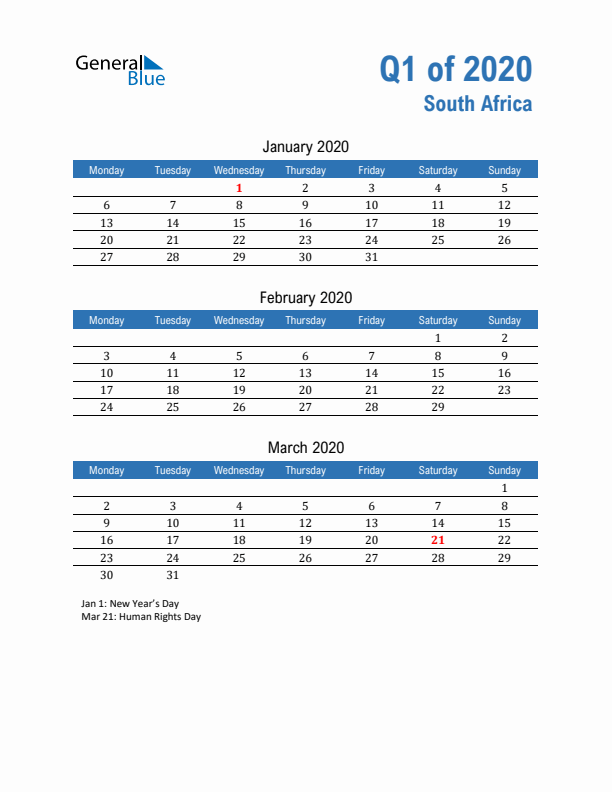 South Africa Q1 2020 Quarterly Calendar with Monday Start