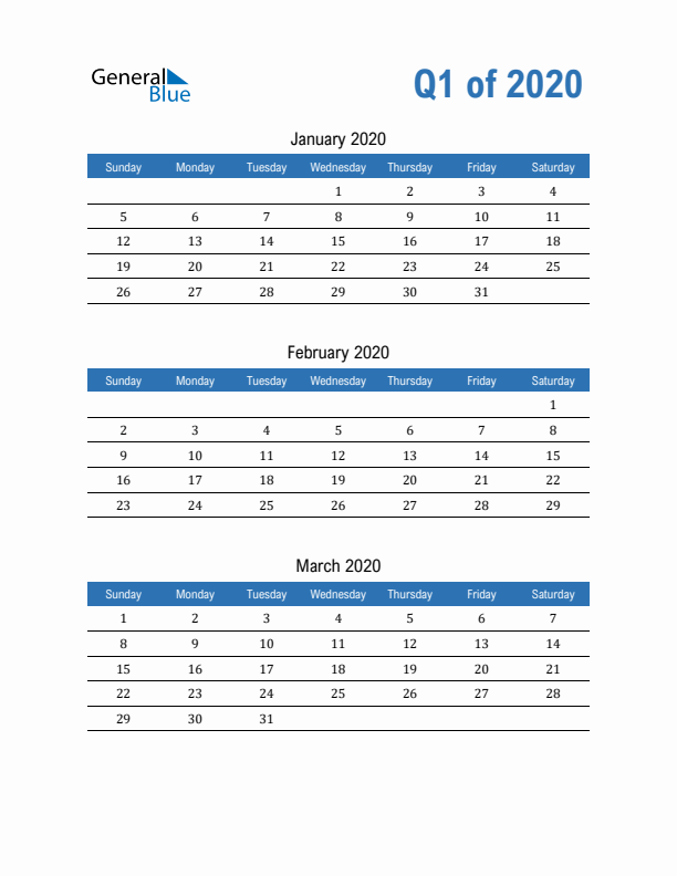 Fillable Quarterly Calendar for Q1 2020