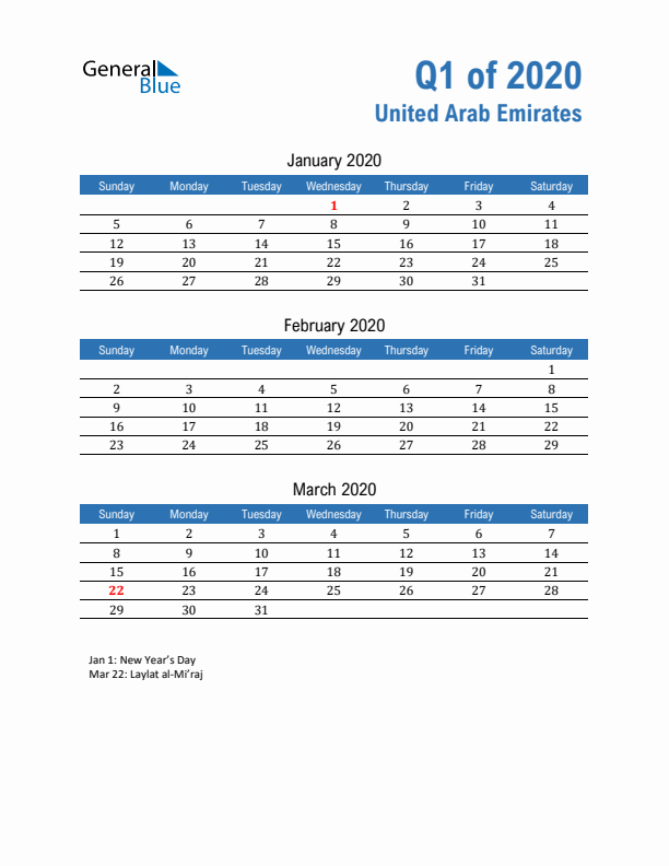 United Arab Emirates Q1 2020 Quarterly Calendar with Sunday Start