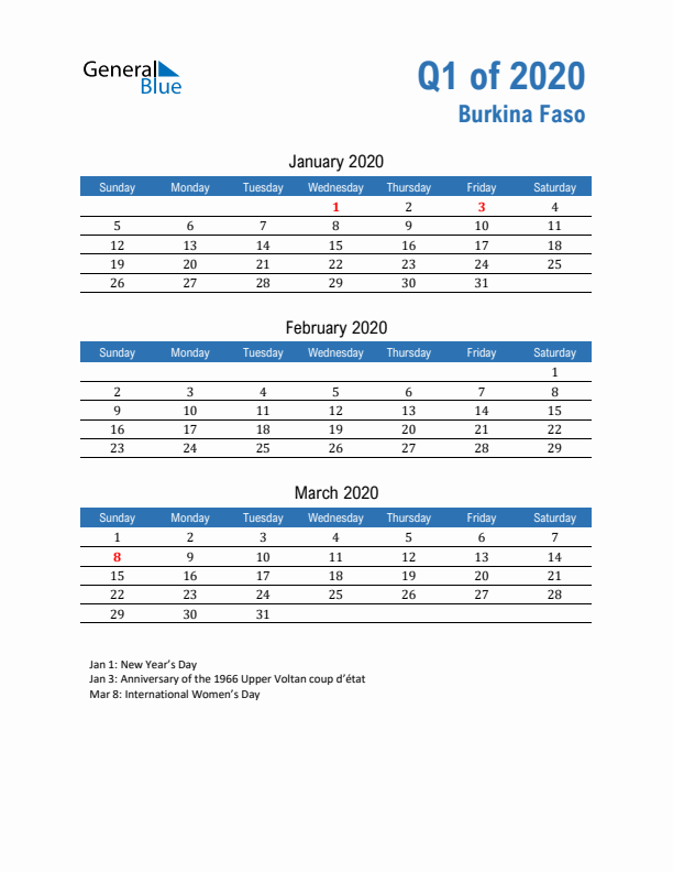 Burkina Faso Q1 2020 Quarterly Calendar with Sunday Start