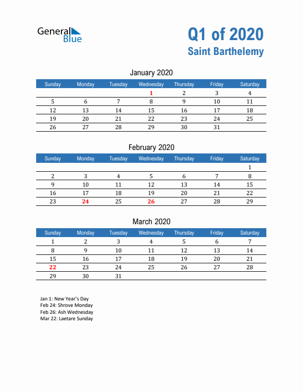 Saint Barthelemy Q1 2020 Quarterly Calendar with Sunday Start