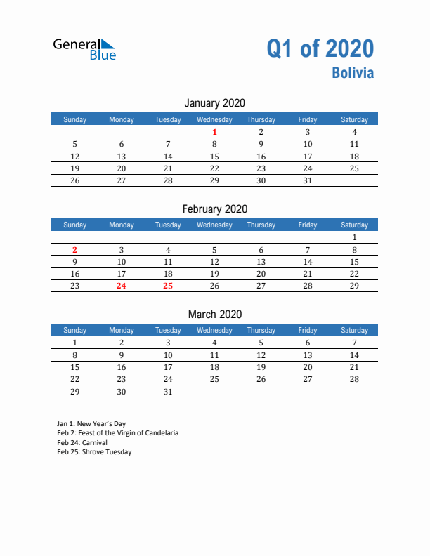 Bolivia Q1 2020 Quarterly Calendar with Sunday Start