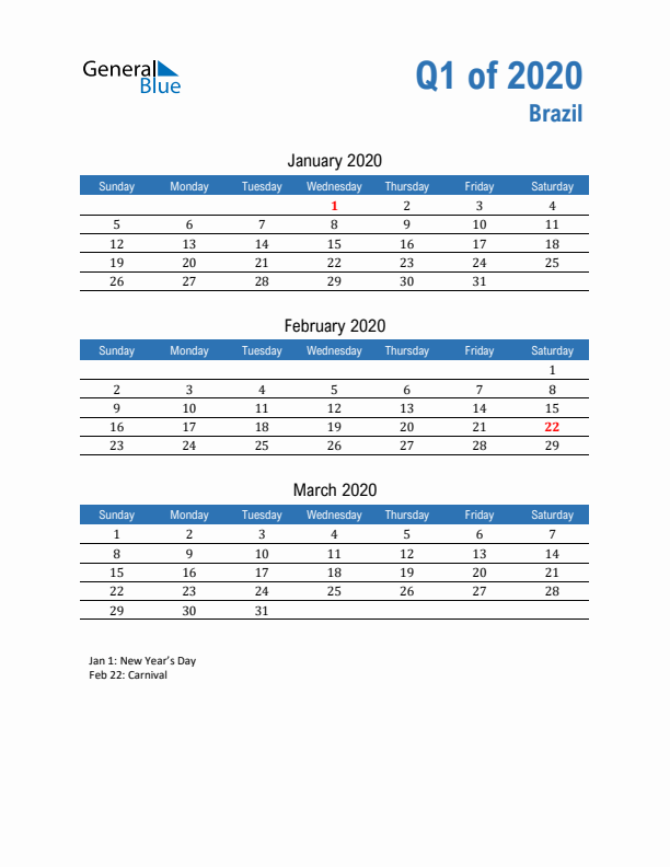 Brazil Q1 2020 Quarterly Calendar with Sunday Start