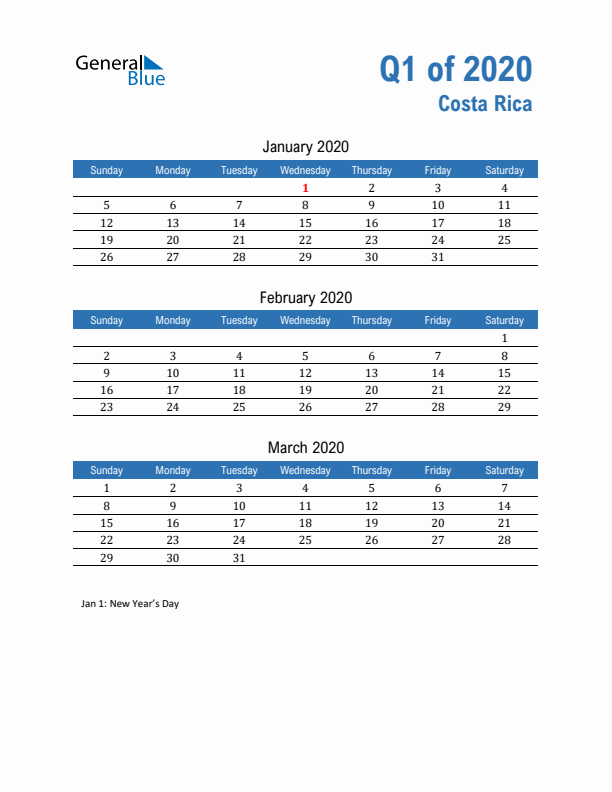 Costa Rica Q1 2020 Quarterly Calendar with Sunday Start