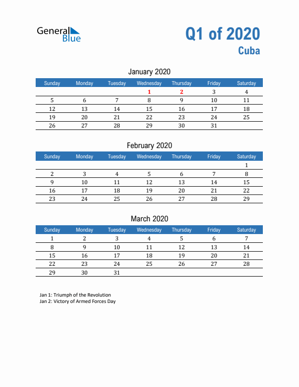 Cuba Q1 2020 Quarterly Calendar with Sunday Start