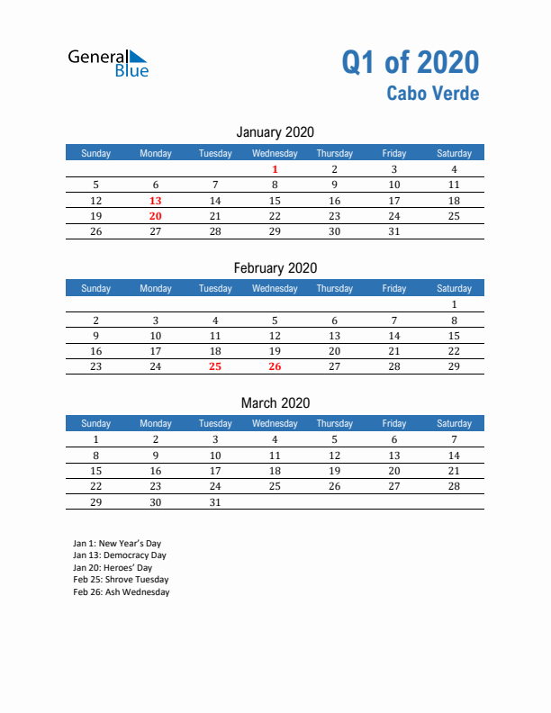 Cabo Verde Q1 2020 Quarterly Calendar with Sunday Start